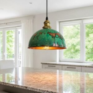 Handcrafted Oxidized Copper Dome Pendant Light - Green Patina Farmhouse Ceiling Fixture
