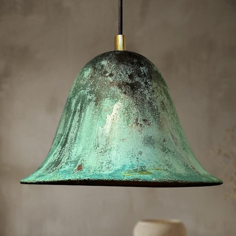 products-FarmhouseKitchenCeilingLampFixture2.jpg Handmade Oxidized Bell Shaped Copper Pendant Light, Green Patina Copper Dome Pendant Light, Farmhouse Kitchen Ceiling Lamp Fixture - Image 2