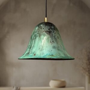 Handmade Oxidized Bell Shaped Copper Pendant Light, Green Patina Copper Dome Pendant Light, Farmhouse Kitchen Ceiling Lamp Fixture