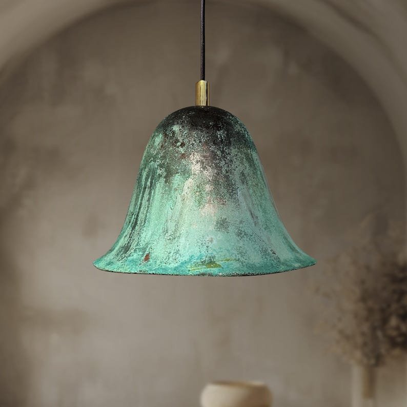 products-FarmhouseKitchenCeilingLampFixture4.jpg Handmade Oxidized Bell Shaped Copper Pendant Light, Green Patina Copper Dome Pendant Light, Farmhouse Kitchen Ceiling Lamp Fixture - Image 3