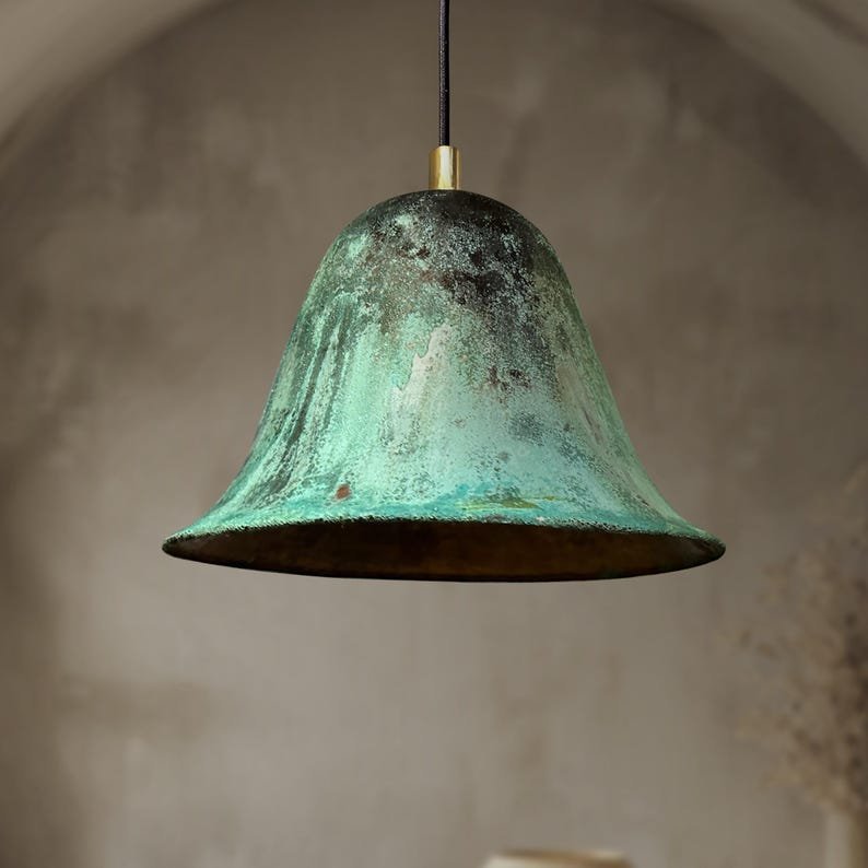 products-FarmhouseKitchenCeilingLampFixture5.jpg Handmade Oxidized Bell Shaped Copper Pendant Light, Green Patina Copper Dome Pendant Light, Farmhouse Kitchen Ceiling Lamp Fixture - Image 4