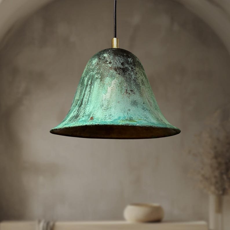 products-FarmhouseKitchenCeilingLampFixture7.jpg Handmade Oxidized Bell Shaped Copper Pendant Light, Green Patina Copper Dome Pendant Light, Farmhouse Kitchen Ceiling Lamp Fixture - Image 5