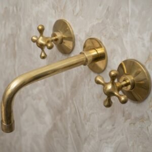 Unlacquered Brass Bathroom Faucet, Handcrafted Brass Wall Mounted Faucet, Bathroom Faucet With Cross Handles