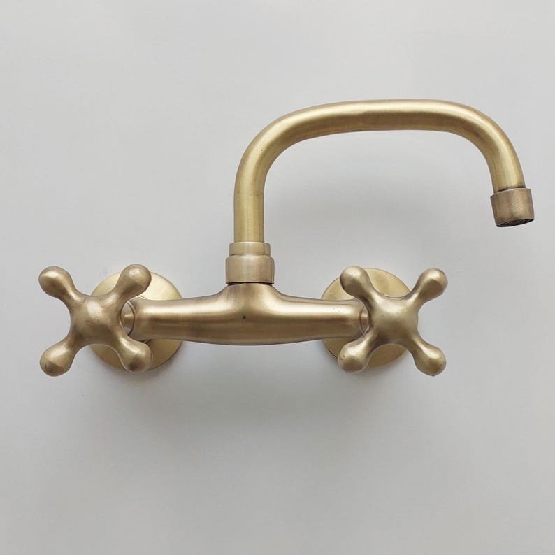 Oil Rubbed Bronze Faucet, Gooseneck Faucet, Vintage Brass Wall Mounted tap, 2 Hole Wall Mount Bathroom Faucet with Cross Handles - Image 2