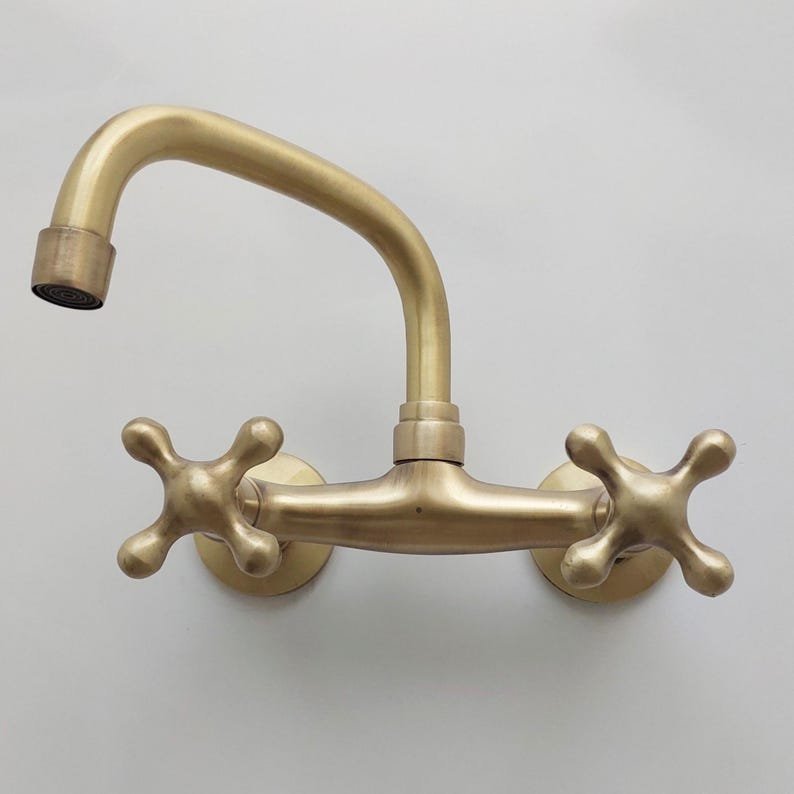 Oil Rubbed Bronze Faucet, Gooseneck Faucet, Vintage Brass Wall Mounted tap, 2 Hole Wall Mount Bathroom Faucet with Cross Handles - Image 9