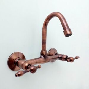 Copper Gooseneck Wall Mount Faucet with Lever Handles - Vintage 2 Hole Bathroom Tap, Wall Mounted