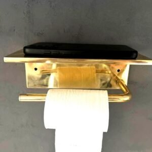 Unlacquered Brass Bathroom Floating Shelf, Wall Mounted Shelf With Hook & Toilet Paper Holder