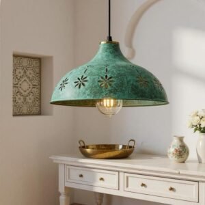 Moroccan Green Patina Brass Pendant Light: Floral Boho Ceiling Lamp