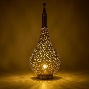 Tall Moroccan Brass Teardrop Lamp with Geometric Pattern