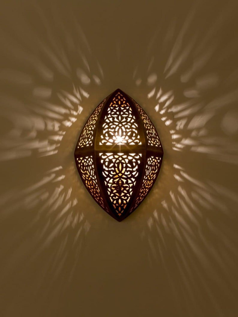 products-GeometricSconceDecor2.jpg Moroccan Brass Wall Sconce Diamond Shape, Intricate Cutout Brass Light, Artisan Wall Lamp, Unique Brass Fixture, Geometric Sconce Decor - Image 4
