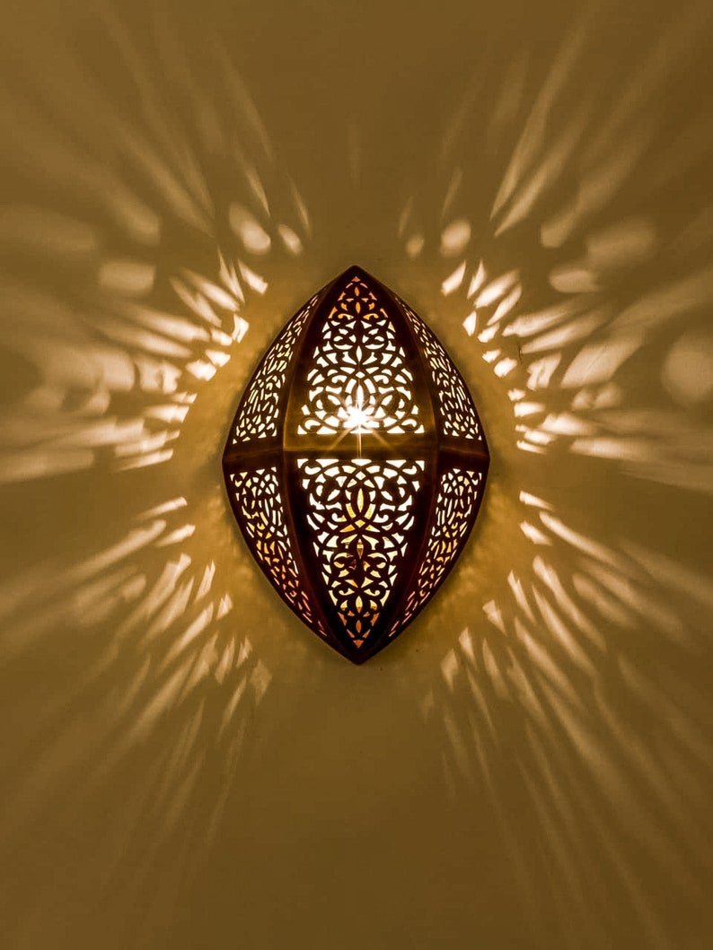products-GeometricSconceDecor3.jpg Moroccan Brass Wall Sconce Diamond Shape, Intricate Cutout Brass Light, Artisan Wall Lamp, Unique Brass Fixture, Geometric Sconce Decor