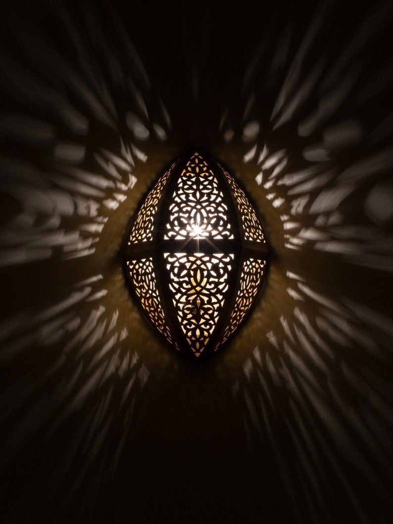 products-GeometricSconceDecor4.jpg Moroccan Brass Wall Sconce Diamond Shape, Intricate Cutout Brass Light, Artisan Wall Lamp, Unique Brass Fixture, Geometric Sconce Decor - Image 2