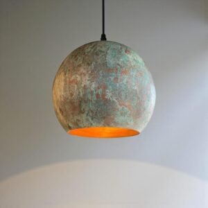Handmade Green Patina Pendant Light for Kitchen Island – Oxidized Copper Hanging Globe Lamp