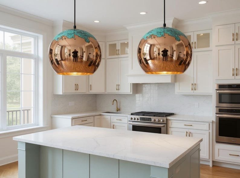 products-GlobeLampwithGreenPatina4.jpg Handmade Copper Pendant Light: Moroccan Globe Lamp with Green Patina - Image 4