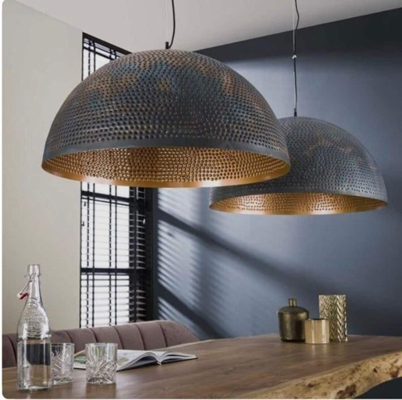 products-Goldinside4.jpg Set of 2, Dome Pendant Light,Handmade brass Pendant Lamps,Semi-Circle Black Metal Pendant,Moroccan Ceiling Light. Black outside Gold inside - Image 4