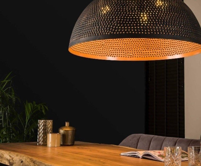 products-Goldinside6.jpg Set of 2, Dome Pendant Light,Handmade brass Pendant Lamps,Semi-Circle Black Metal Pendant,Moroccan Ceiling Light. Black outside Gold inside - Image 5