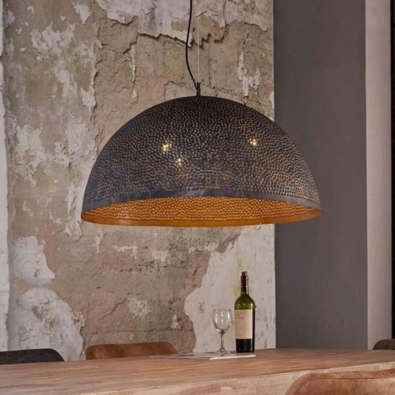products-Goldinside7.jpg Set of 2, Dome Pendant Light,Handmade brass Pendant Lamps,Semi-Circle Black Metal Pendant,Moroccan Ceiling Light. Black outside Gold inside - Image 8