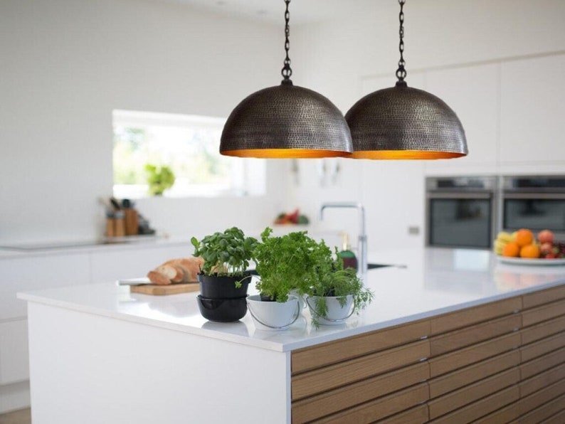 products-Goldinside8.jpg Set of 2, Dome Pendant Light,Handmade brass Pendant Lamps,Semi-Circle Black Metal Pendant,Moroccan Ceiling Light. Black outside Gold inside - Image 2