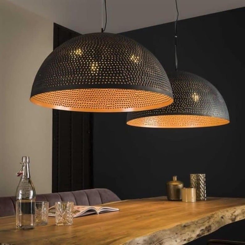 products-Goldinside9.jpg Set of 2, Dome Pendant Light,Handmade brass Pendant Lamps,Semi-Circle Black Metal Pendant,Moroccan Ceiling Light. Black outside Gold inside