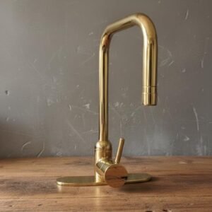 Unlacquered Solid Brass Gooseneck Kitchen Faucet with Base & Drain