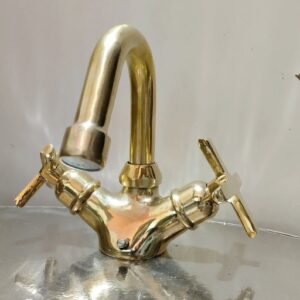 Unlacquered Brass Gooseneck Bathroom Faucet: Single Hole, Cross Handle