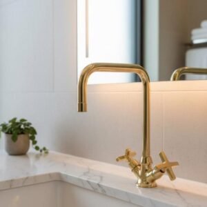Unlacquered Brass Single-Hole Bathroom Faucet – Cross Handles, Gooseneck Spout | Solid Brass, Patina-Ready Vanity Tap