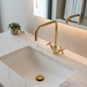 Unlacquered Brass Single-Hole Bathroom Faucet – Cross Handles, Gooseneck Spout | Solid Brass, Patina-Ready Vanity Tap