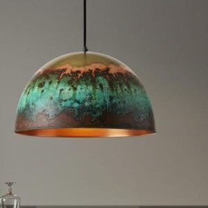 Handmade Moroccan Copper Pendant Light: Green Patina Dome Ceiling Lamp