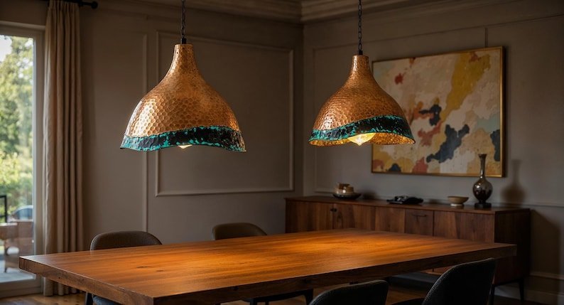 products-GreenPatinaDomeLamp11.jpg Handcrafted Hammered Copper Pendant Light: Green Patina Dome Lamp - Image 2