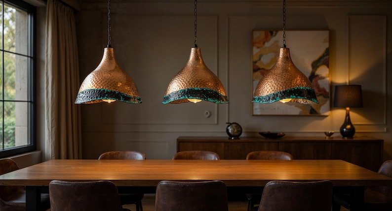 products-GreenPatinaDomeLamp22.jpg Handcrafted Hammered Copper Pendant Light: Green Patina Dome Lamp - Image 3