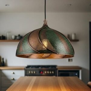 Handcrafted Hammered Copper Pendant Light: Green Patina Dome Lamp