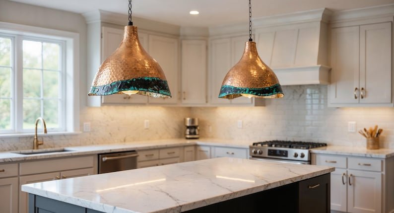 products-GreenPatinaDomeLamp33.jpg Handcrafted Hammered Copper Pendant Light: Green Patina Dome Lamp - Image 4