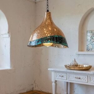 Handcrafted Hammered Copper Pendant Light: Green Patina Dome Lamp