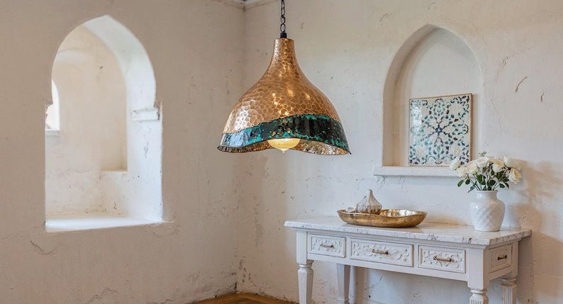 products-GreenPatinaDomeLamp44.jpg Handcrafted Hammered Copper Pendant Light: Green Patina Dome Lamp