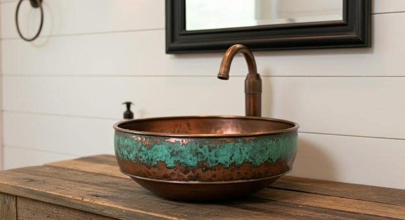 products-GreenPatinaFarmhouseWashbasin2.jpg Handmade Hammered Copper Sink – Green Patina Farmhouse Washbasin | Rustic Brass & Copper Bathroom or Kitchen Basin - Image 2