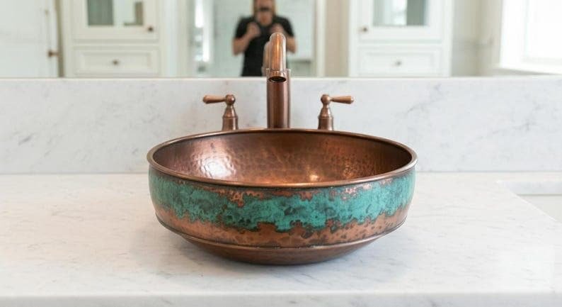 products-GreenPatinaFarmhouseWashbasin5.jpg Handmade Hammered Copper Sink – Green Patina Farmhouse Washbasin | Rustic Brass & Copper Bathroom or Kitchen Basin - Image 5
