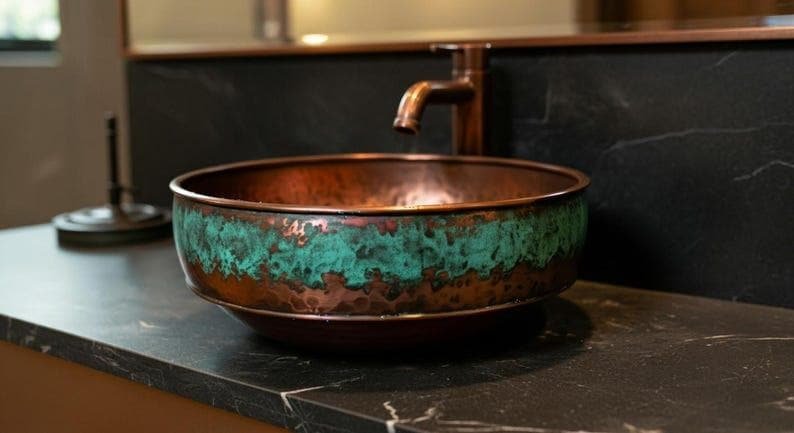 products-GreenPatinaFarmhouseWashbasin7.jpg Handmade Hammered Copper Sink – Green Patina Farmhouse Washbasin | Rustic Brass & Copper Bathroom or Kitchen Basin - Image 7