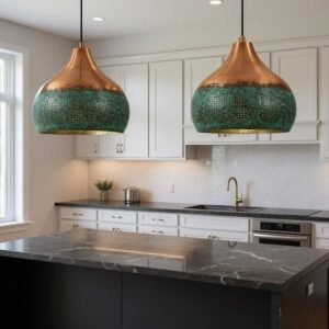 Handmade Copper Pendant Light: Green Patina Moroccan Lamp