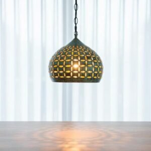 Hand-Carved Copper Pendant Light: Green Patina Oxidized Brass Dome Lamp