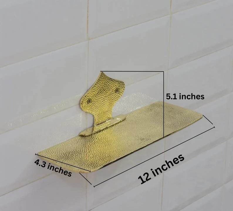 products-HammeredBrassFloatingShelf1.jpg Hammered Brass Floating Shelf, Wall Mount Shower Shelf, Floating Bottle Holder, Wall Mount Shelf Brass, Shampoo Hanger - Image 4