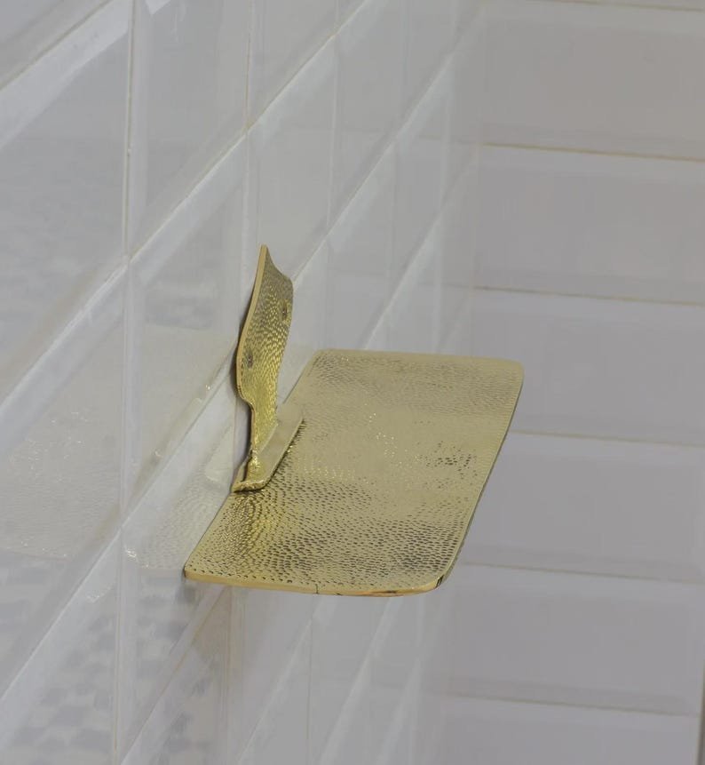 products-HammeredBrassFloatingShelf3.jpg Hammered Brass Floating Shelf, Wall Mount Shower Shelf, Floating Bottle Holder, Wall Mount Shelf Brass, Shampoo Hanger - Image 2