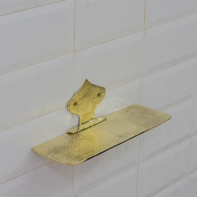 products-HammeredBrassFloatingShelf4.jpg Hammered Brass Floating Shelf, Wall Mount Shower Shelf, Floating Bottle Holder, Wall Mount Shelf Brass, Shampoo Hanger - Image 6