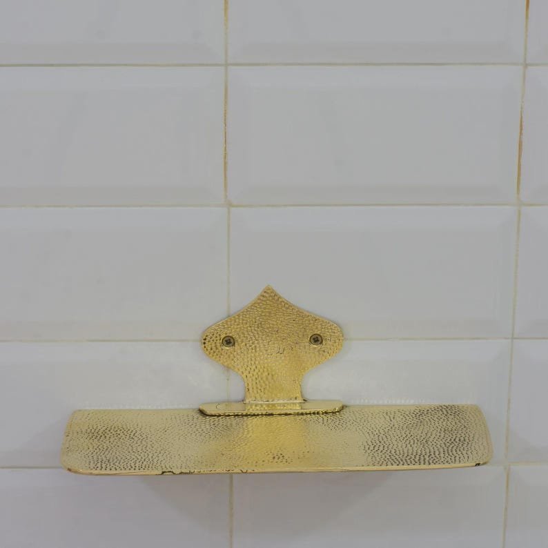 products-HammeredBrassFloatingShelf5.jpg Hammered Brass Floating Shelf, Wall Mount Shower Shelf, Floating Bottle Holder, Wall Mount Shelf Brass, Shampoo Hanger