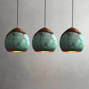 Set of 3 Oxidized Copper Pendant Lights – Hammered Dome Lamps for Kitchen Island Lighting