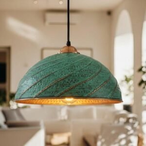 Hand Hammered Copper Pendant Light: Moroccan Green Patina Ceiling Lamp