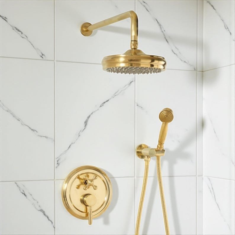 products-HandheldwithRough-InValve1.jpg ShowerLux Unlacquered Brass Shower System, Wall Mounted Rain & Handheld with Rough-In Valve