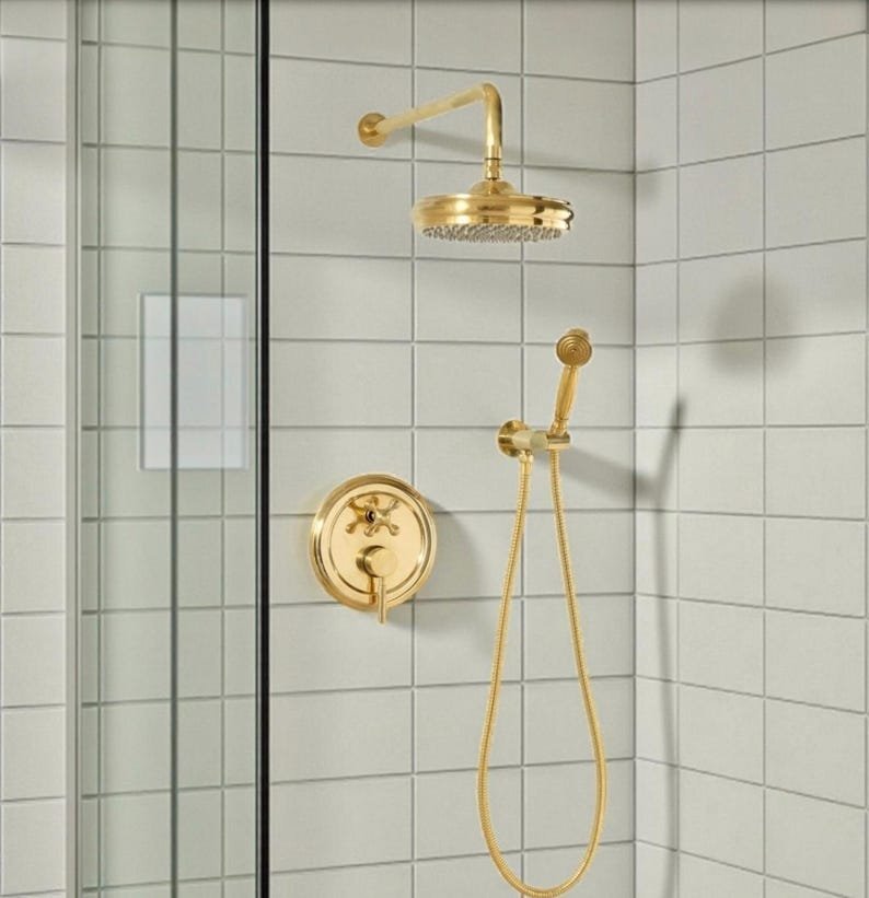 products-HandheldwithRough-InValve2.jpg ShowerLux Unlacquered Brass Shower System, Wall Mounted Rain & Handheld with Rough-In Valve - Image 3