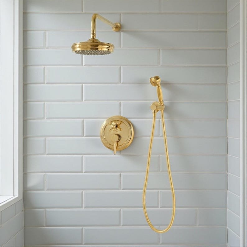 products-HandheldwithRough-InValve6.jpg ShowerLux Unlacquered Brass Shower System, Wall Mounted Rain & Handheld with Rough-In Valve - Image 2