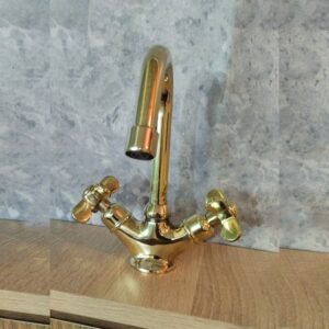 Unlacquered Brass Gooseneck Bathroom Faucet: Single Hole, Cross Handle