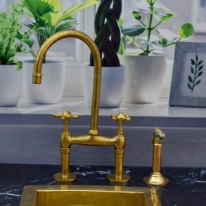 Unlacquered Brass Kitchen Faucet, Solid Brass 8" Bridge faucet with Cross Handles and Straight Legs